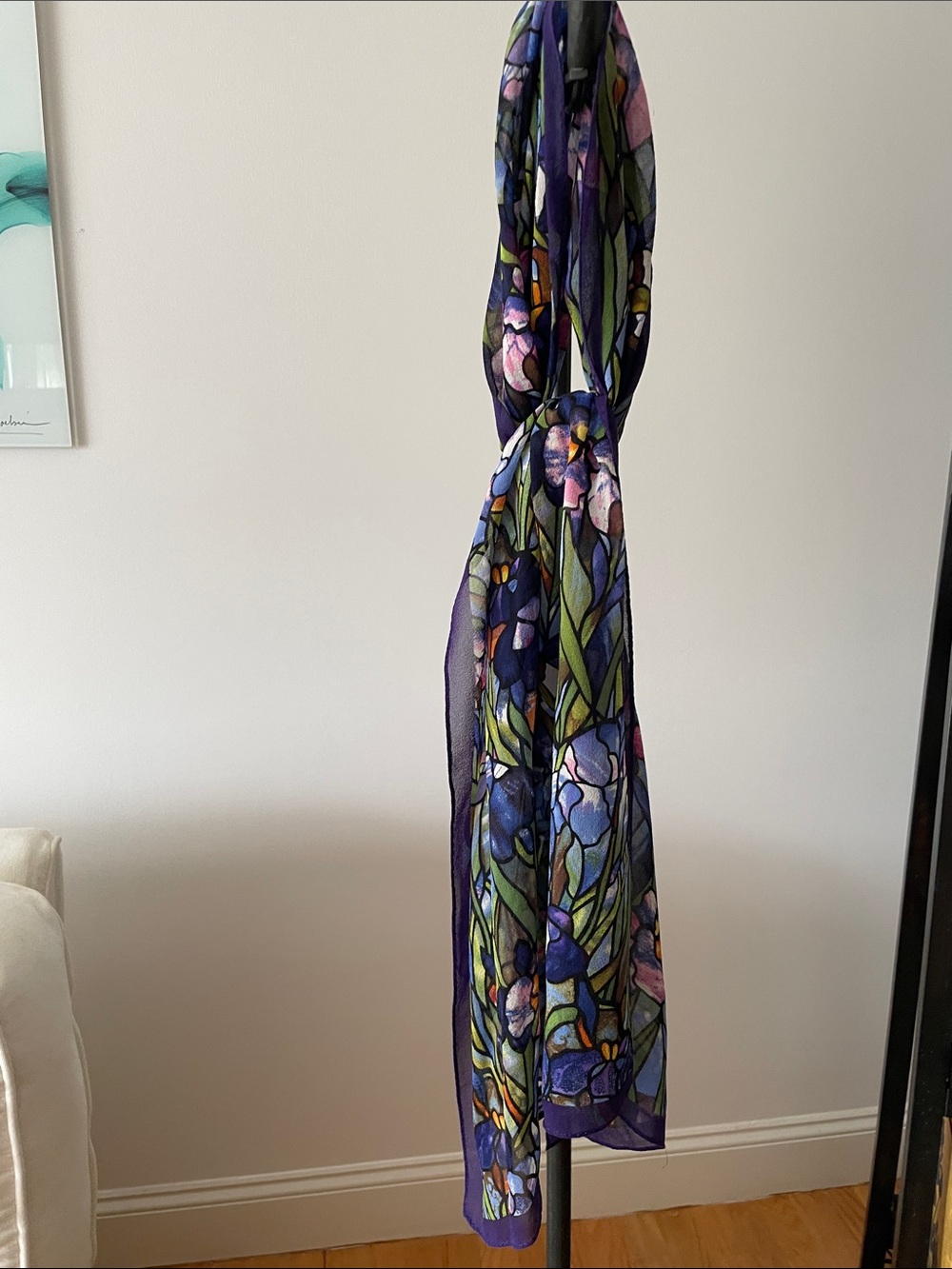 Purple Floral Sheer Scarf with Green Accents - Brand Unknown